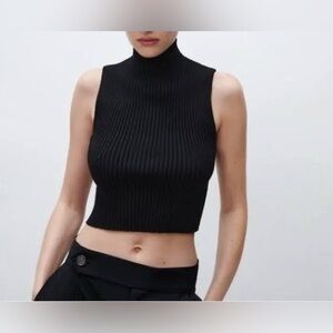 Zara Black Sleeveless Ribbed Knit Mock Neck Turtleneck Top M